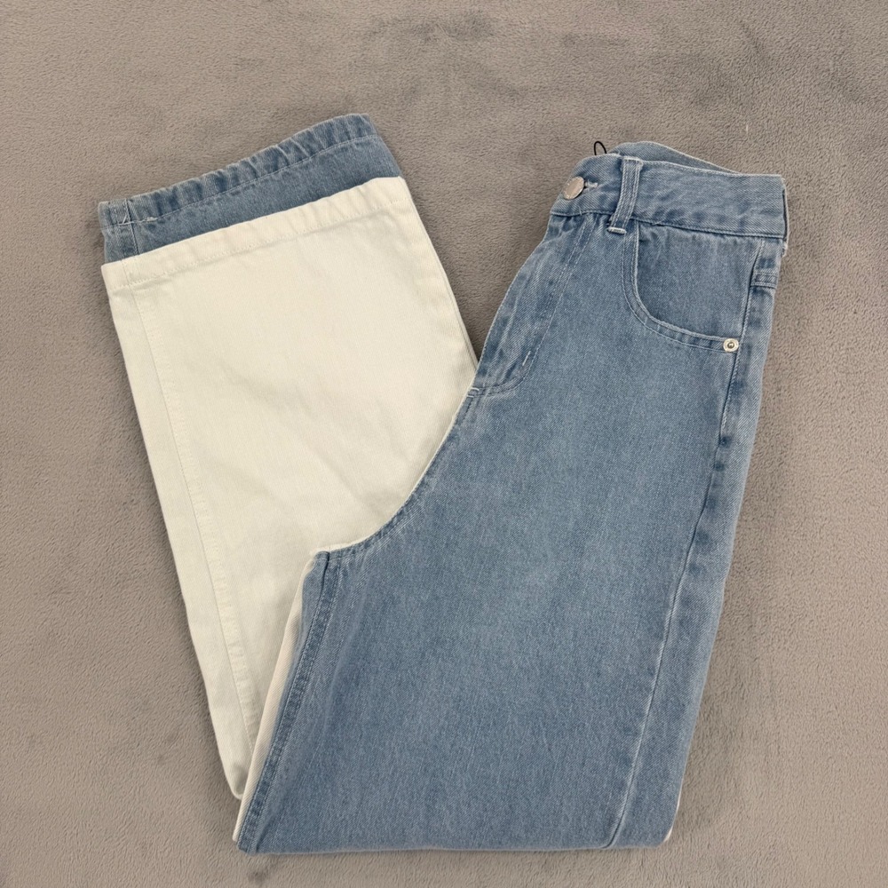 Shekou Two Tone Split Colorblock Straight Leg Jeans Blue White Women's Size XS